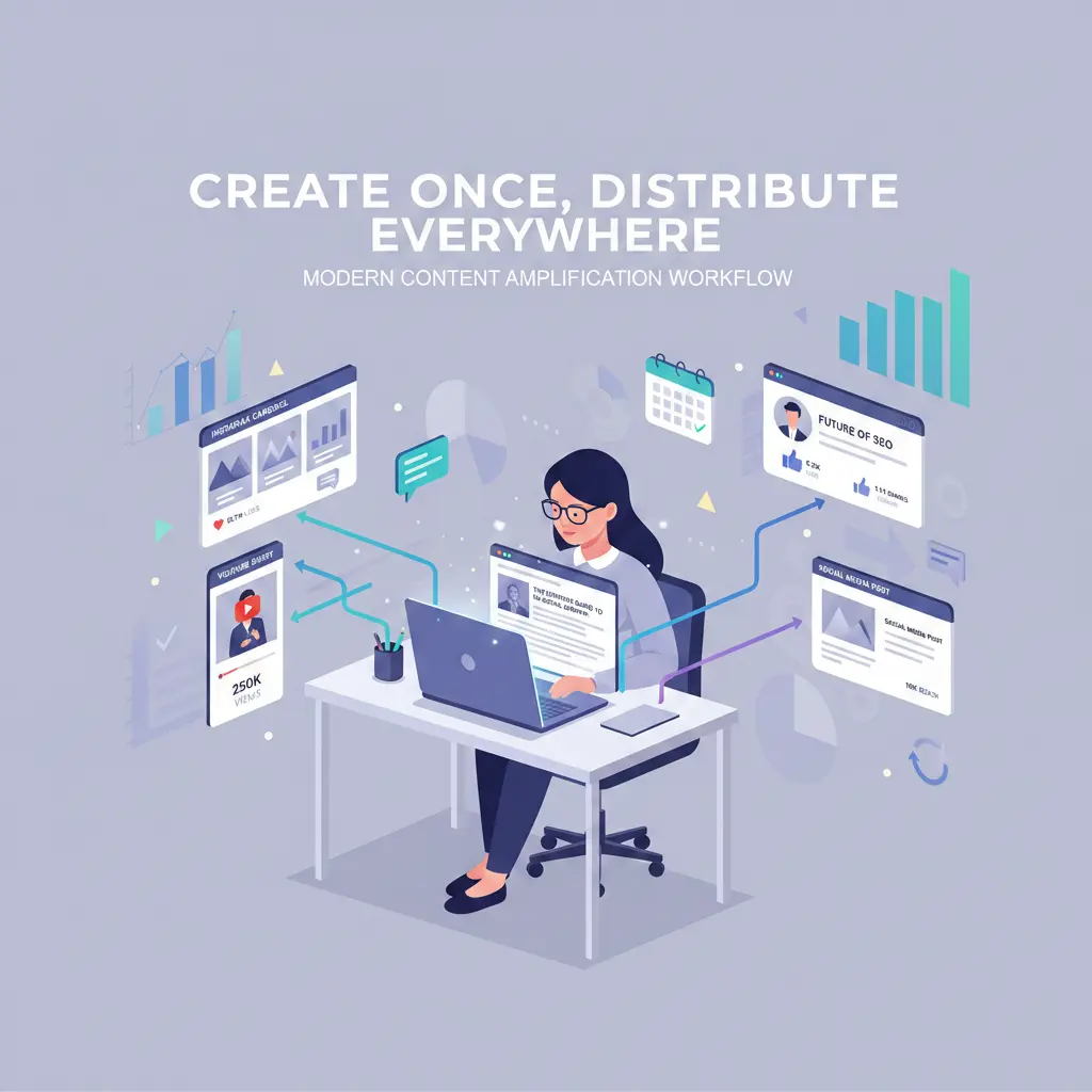 Illustration showing content repurposing workflow where one piece of content is distributed across multiple digital platforms.