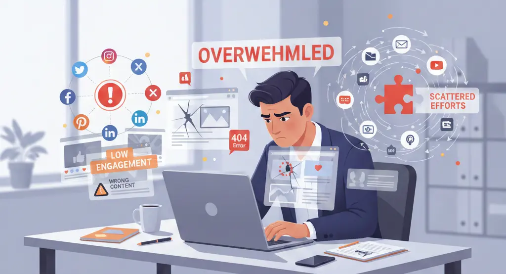 Business owner overwhelmed by digital marketing mistakes including low engagement, website errors, and scattered social media efforts.
