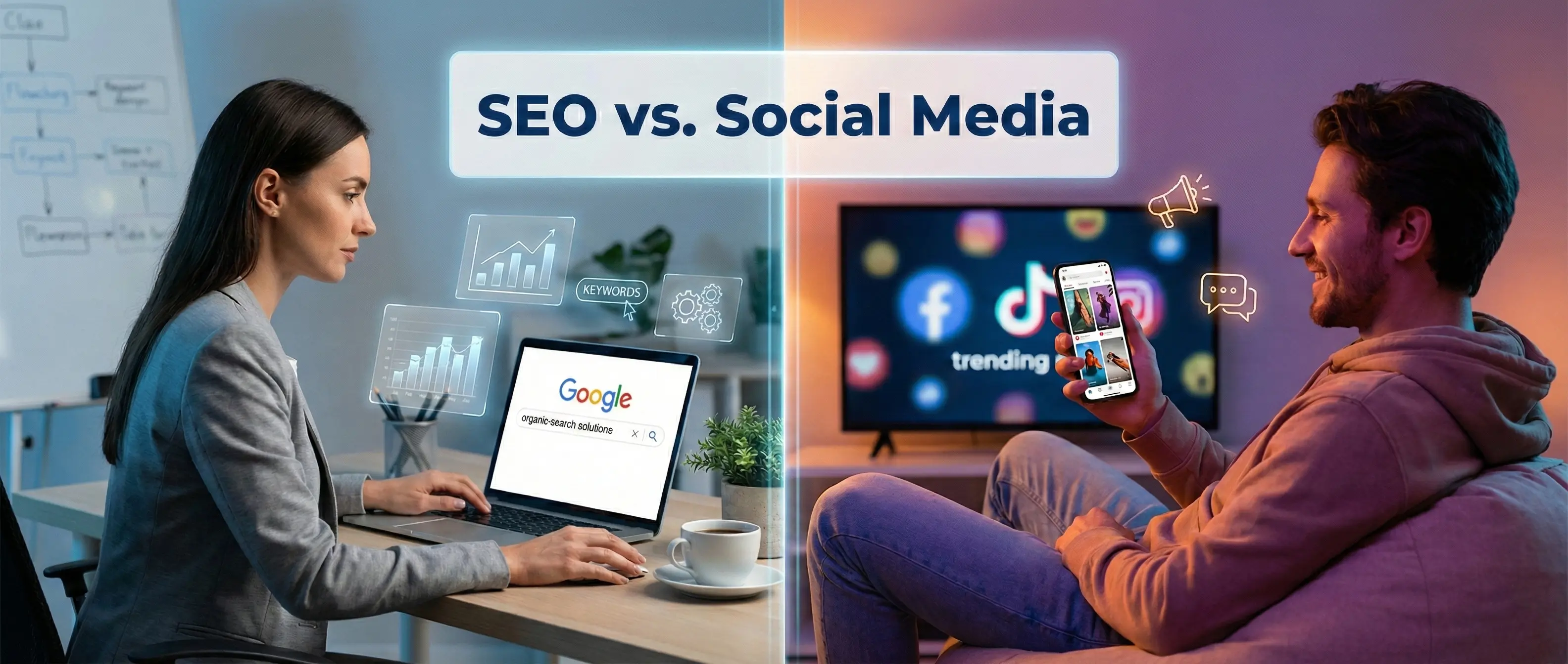 Split-screen showing SEO search activity vs social media browsing, comparing search intent and content discovery in digital marketing.