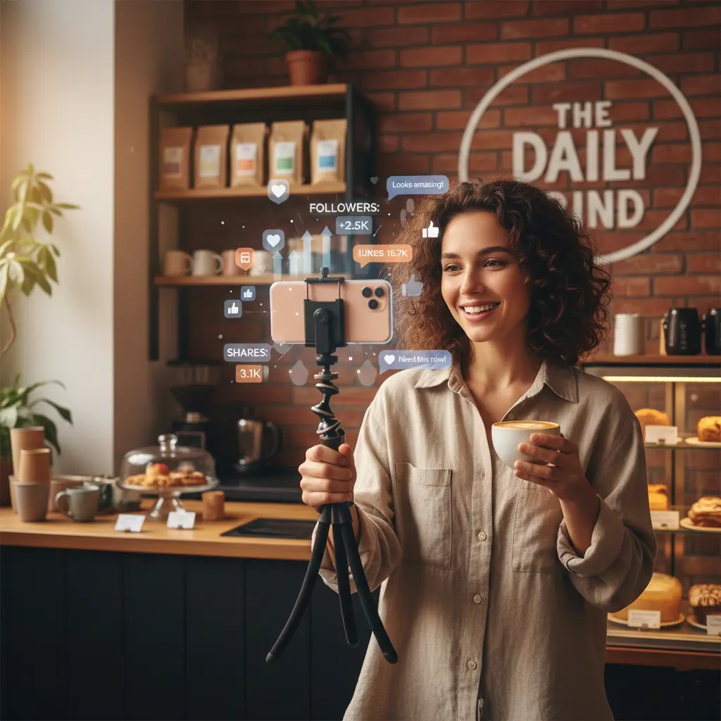 Content creator recording social media video in a café while receiving likes, shares, and follower engagement.